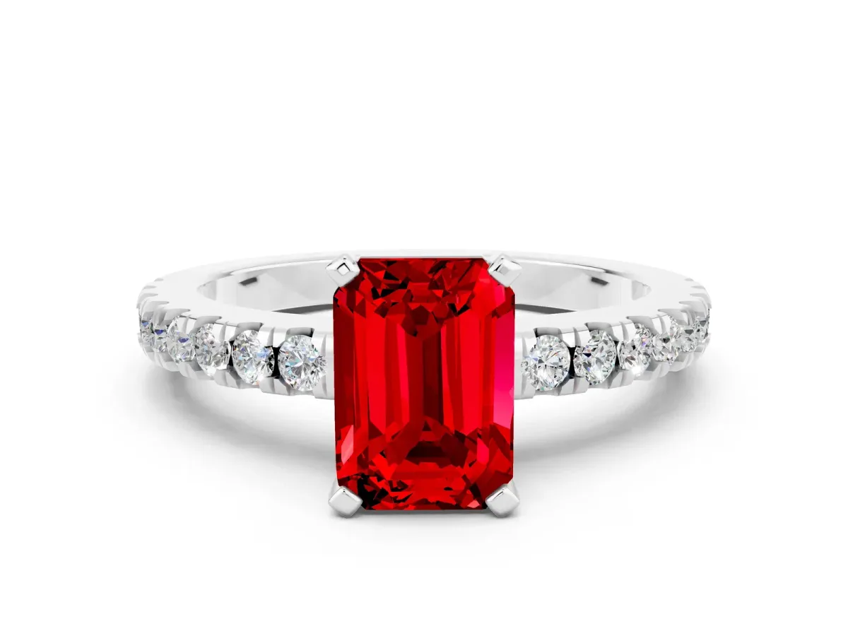 Emerald Cut Solitaire Ruby with Pavé Band and Four-Prong Setting Silver