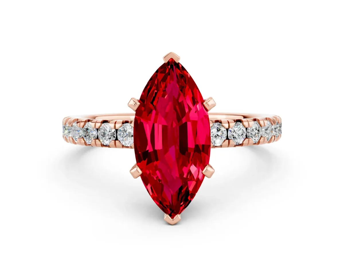 Marquise Cut Ruby Solitaire Pavé Engagement Ring with Round Band and Prong Setting Rose gold