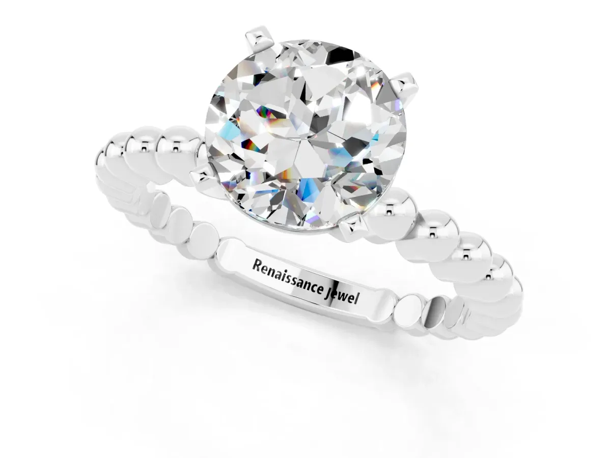 Round Cut Moissanite Solitaire Ring with Beaded Band and Prong Setting Platinum