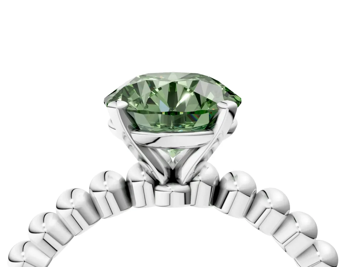 Fancy Green Round Cut Diamond Solitaire Ring with Beaded Band and Prong Setting Silver