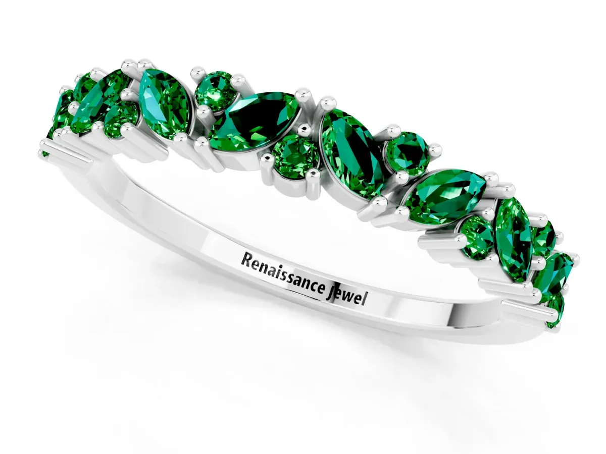 Marquise and Round Emerald Vine Eternity Band with Prong Setting Platinum