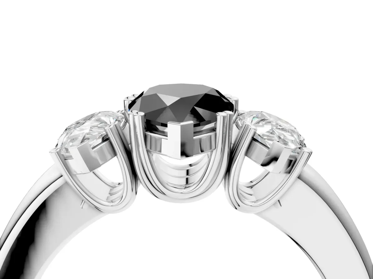 Fancy Black Three-Stone Pear Cut Cut Diamond Ring with Channel Set Band and Four-Prong Setting Silver