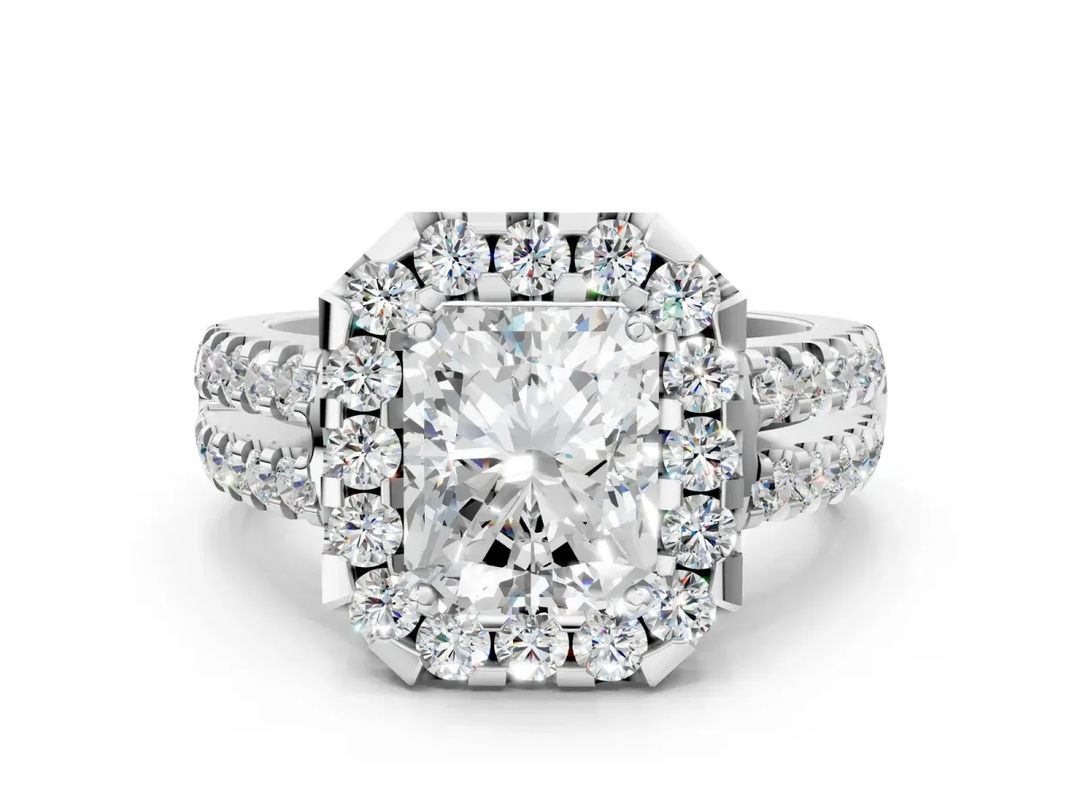 Radiant Cut Halo Diamond Split Shank Engagement Ring with Prong Setting Platinum