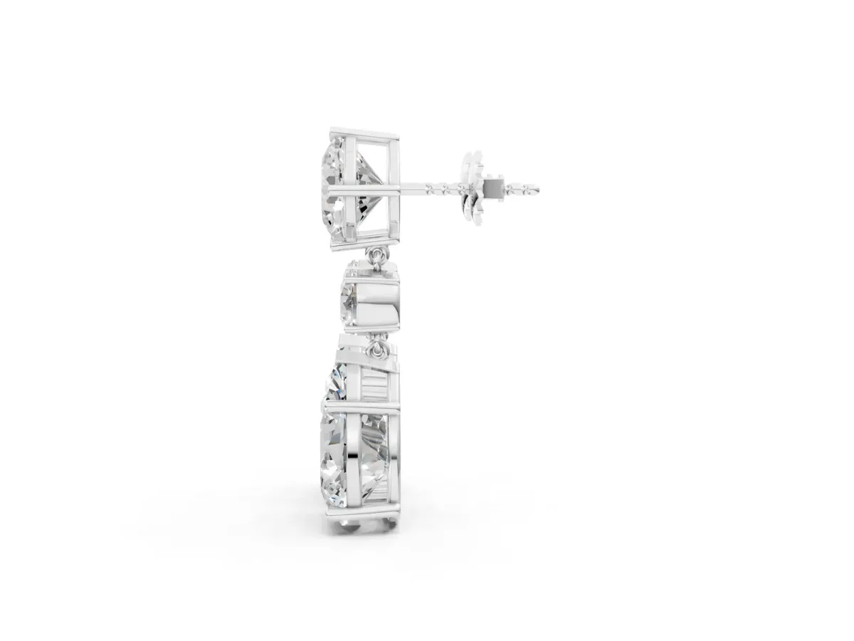 Cushion, Round and Pear Diamond Three-Stone Drop Earrings Silver