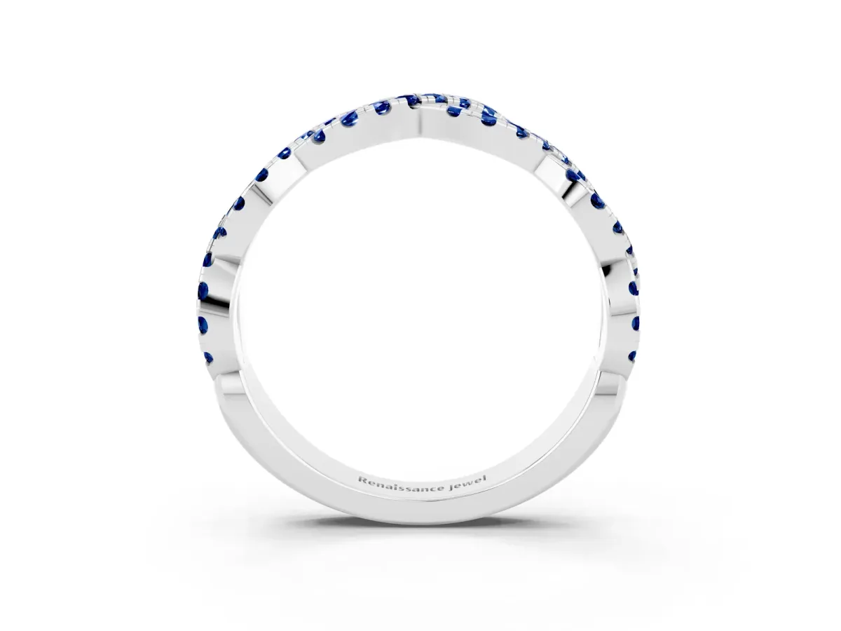 Round Blue Sapphire Twisted Eternity Band with Pavé and Shared Prong Setting Silver
