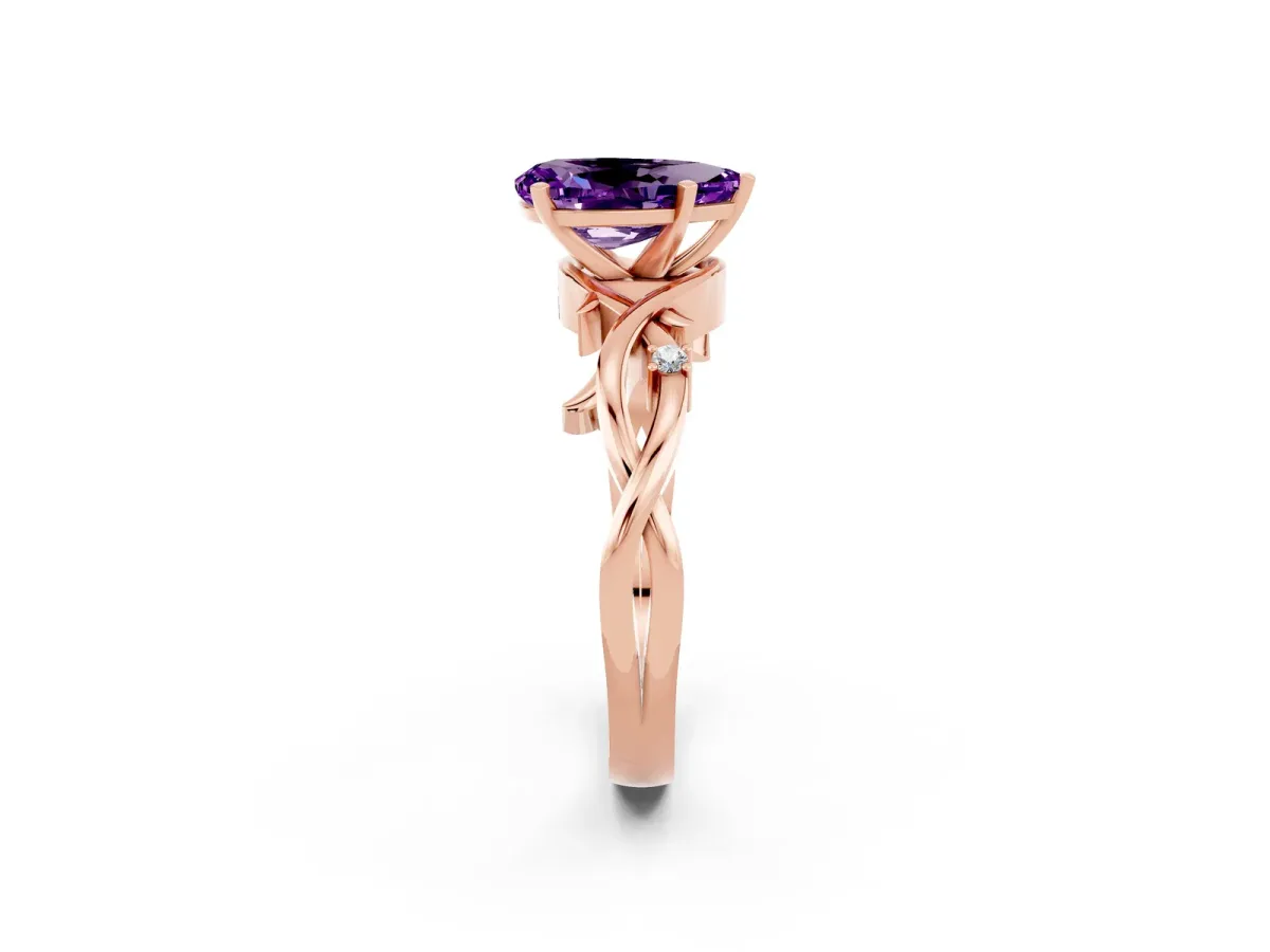 Pear Cut Amethyst Solitaire Ring with Twisted Band and Prong Setting Rose gold