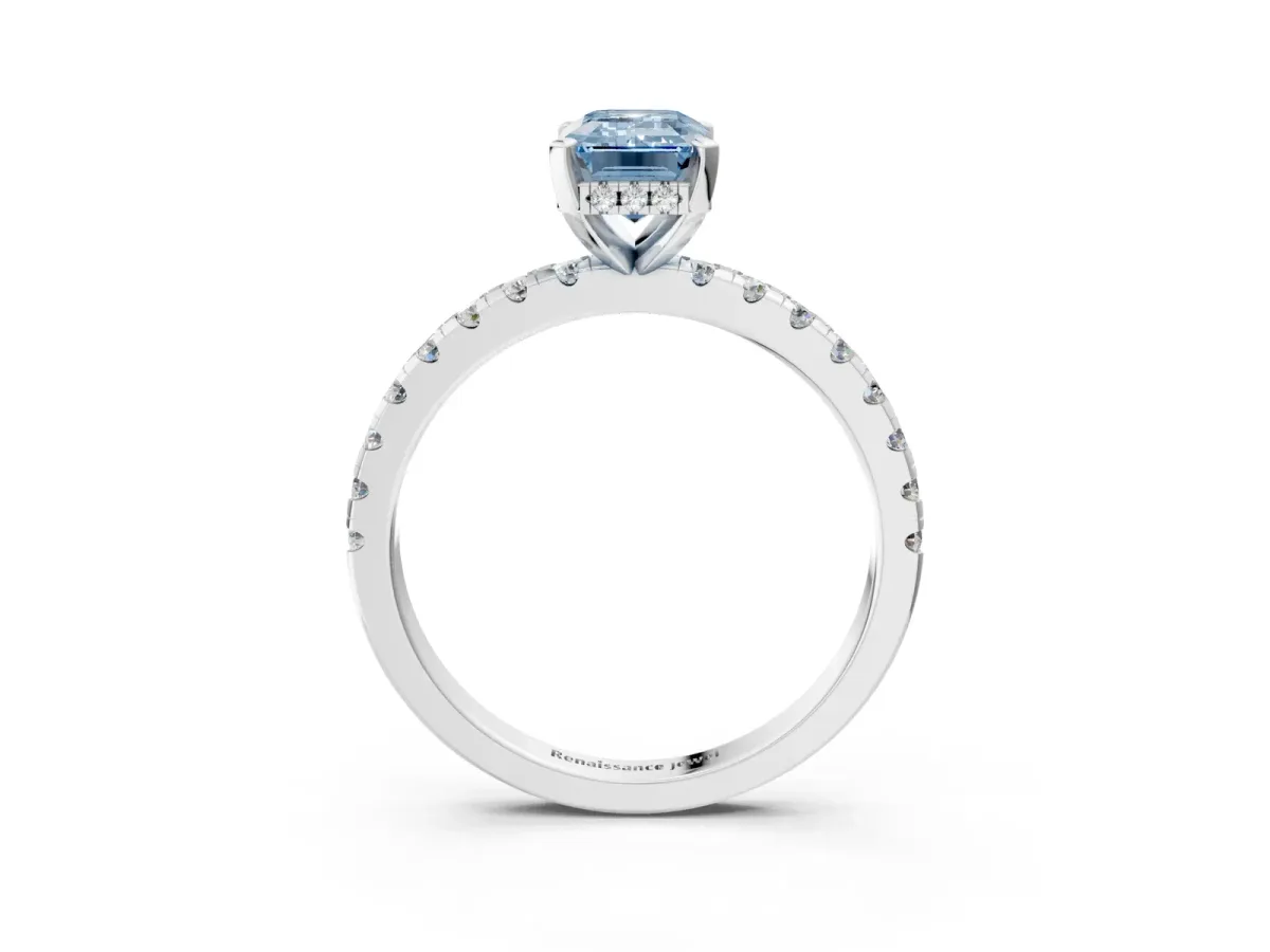 Fancy Blue Emerald Cut Diamond Solitaire Ring with Round Pavé Band and Four-Prong Setting Silver