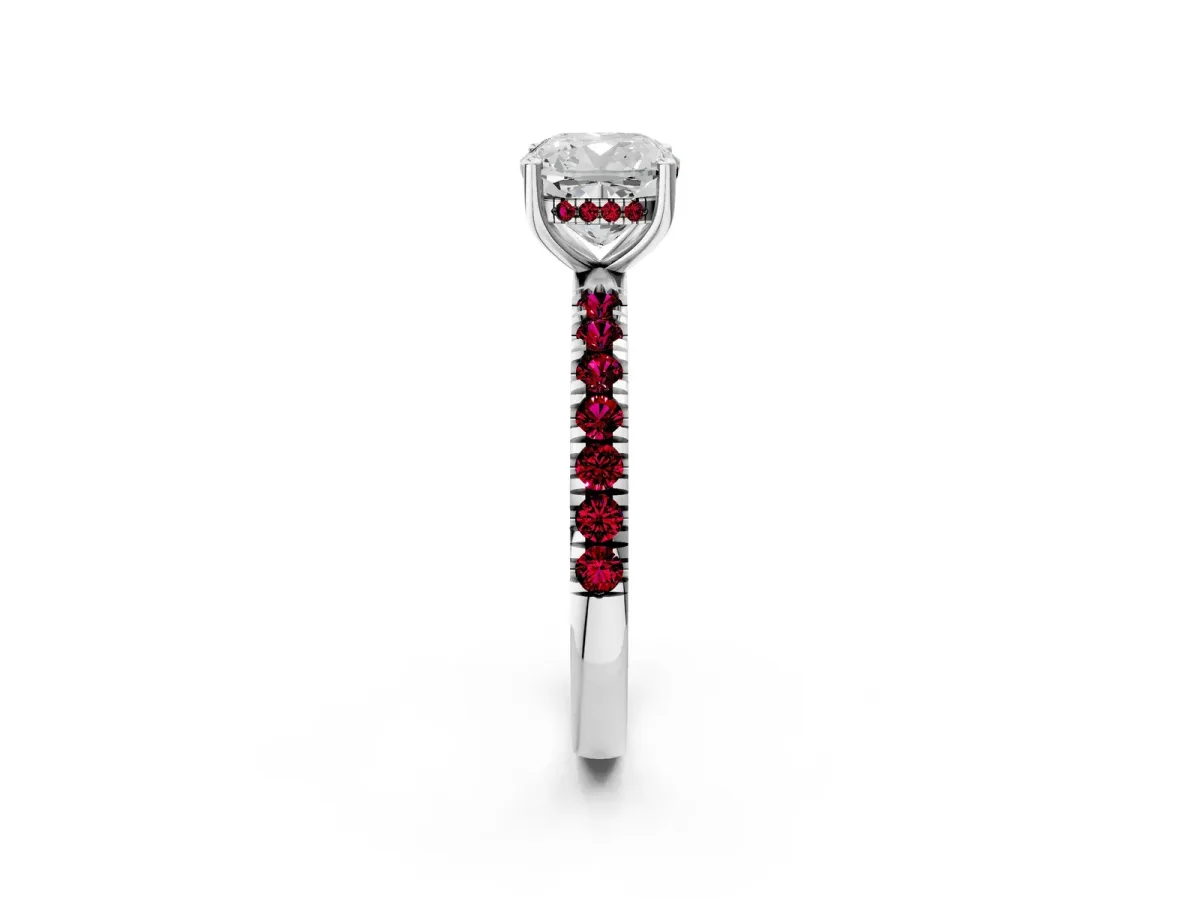 Cushion Cut Diamond Pave Band Solitaire Ring with Round Garnet and Prong Setting Silver