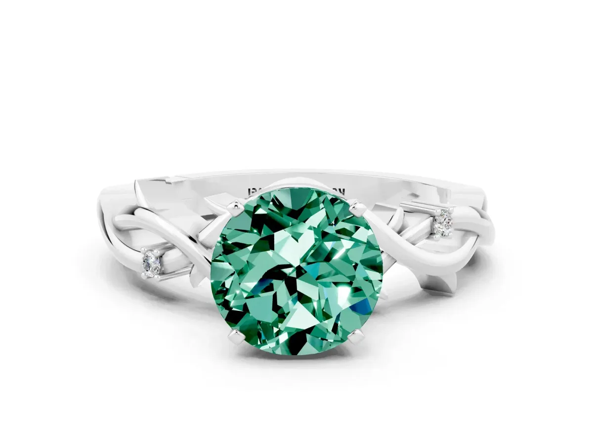 Round Cut Green Sapphire Solitaire Ring with Twisted Band and Prong Setting Platinum