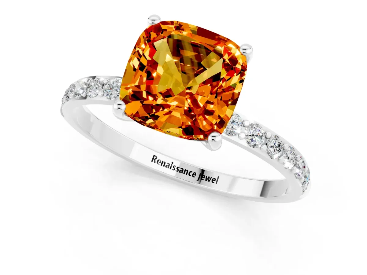 Cushion Cut Citrine Solitaire Ring with Round Pavé Band and Prong Setting Silver