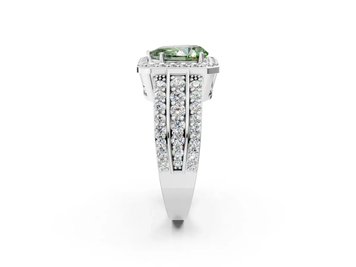 Fancy Green Pear Cut Halo Diamond Ring with Round Split Shank and Prong Setting Silver