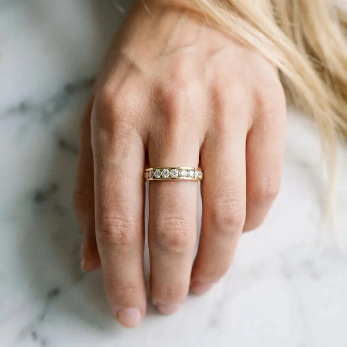 Round Diamond Channel Set Eternity Band Yellow gold