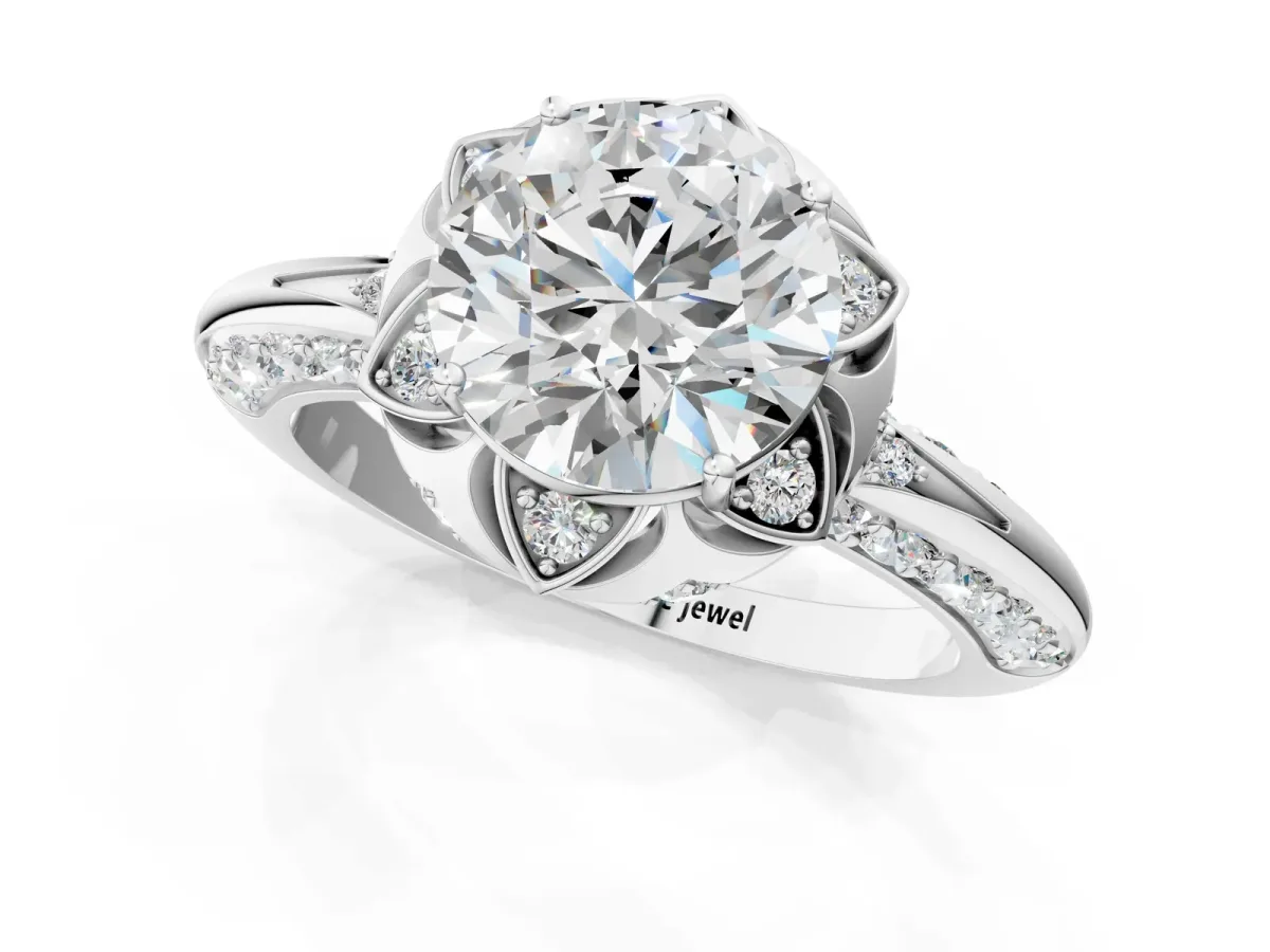 Round Cut Halo Split Shank Pave Diamond Ring with Petal Prong Setting Platinum