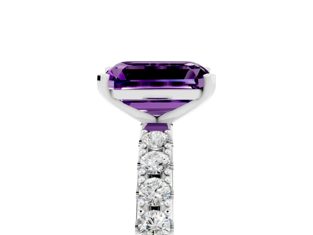 Emerald Cut Amethyst Solitaire Pavé Band with Four-Prong Setting Silver