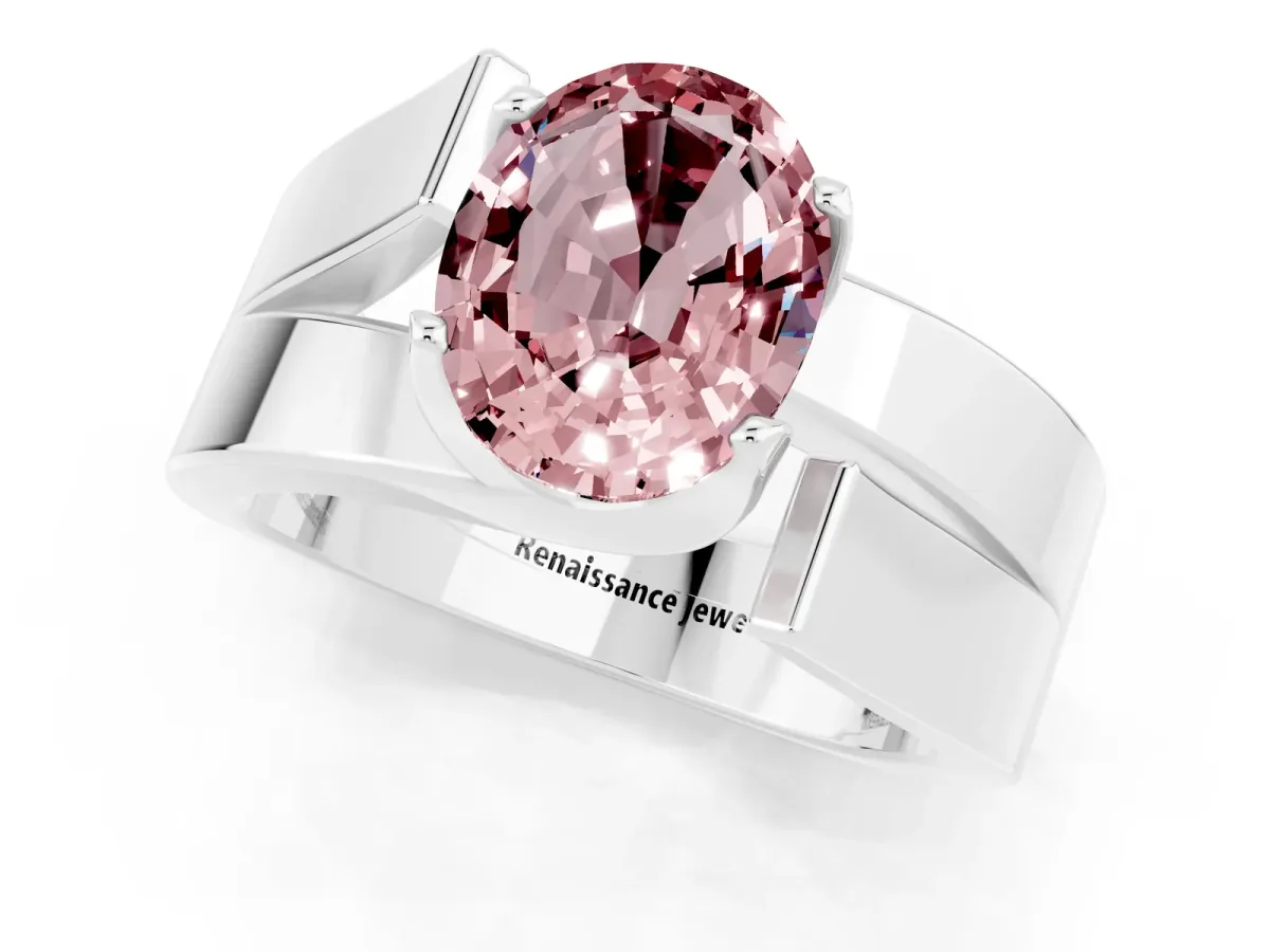 Modern Tension Set Oval Cut Morganite Solitaire Wide Band Ring Silver