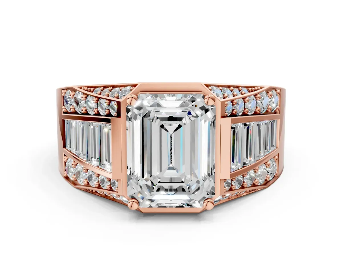 Emerald Cut Diamond Mens Ring with Baguette Side Stones Rose gold