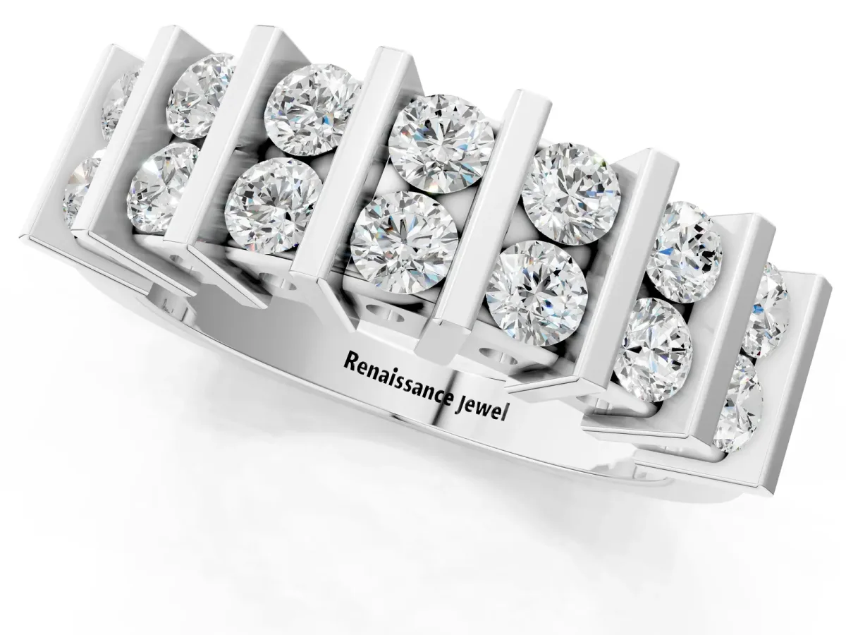 Channel Set Round Diamond Step Band with Bar Prong Setting Silver