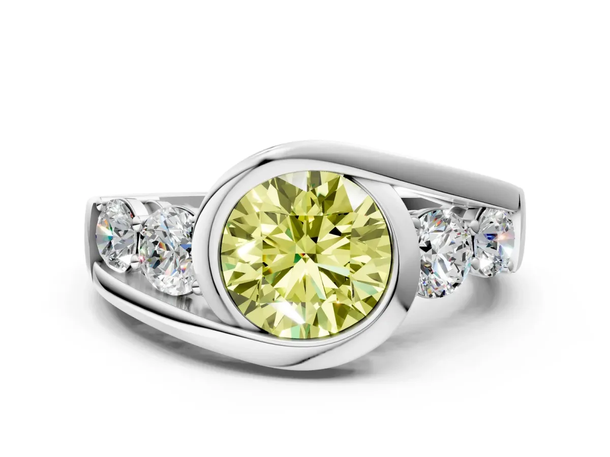 Fancy Yellow Bezel Set Round Cut Diamond Bypass Ring with Round Accents Silver