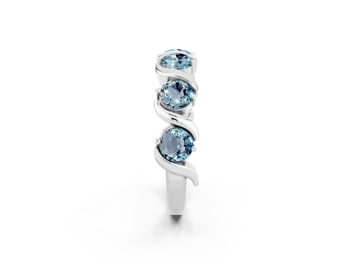 Six-Stone Round Aquamarine Wave Band with Shared Prong Setting White gold