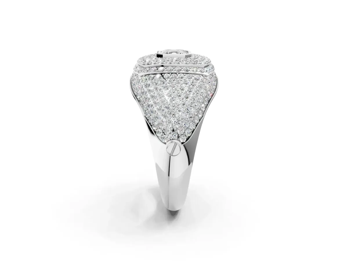 Asscher Cut Diamond Bezel Set Pavé Dome Mens Ring Silver