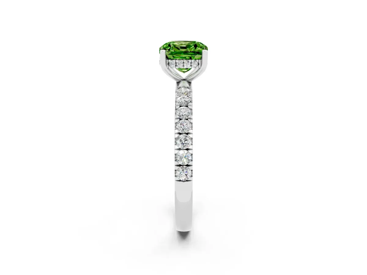 Cushion Cut Peridot Pave Band Solitaire Ring with Round and Prong Setting Platinum
