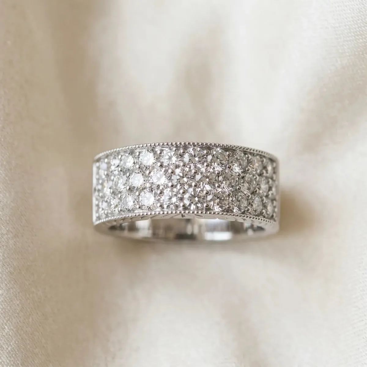 Pavé Round Diamond Wide Band with Milgrain Edge Platinum