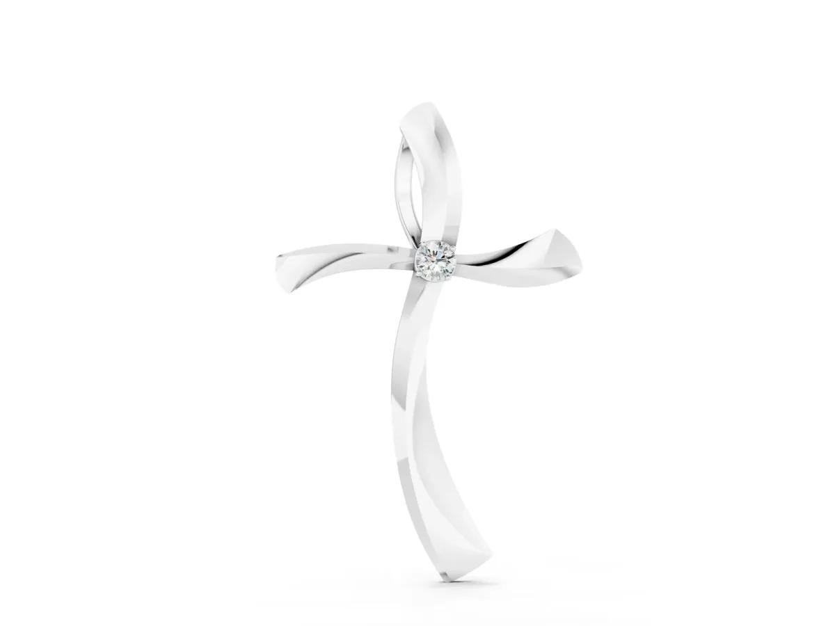 Curved Cross Pendant with Round Diamond in Bezel Setting White gold