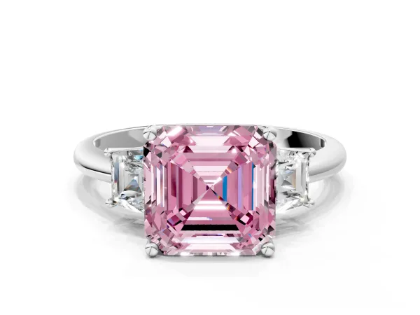 Fancy Pink Asscher Cut Diamond Three-Stone Ring with Trapezoid Side Stones and Prong Setting Platinum