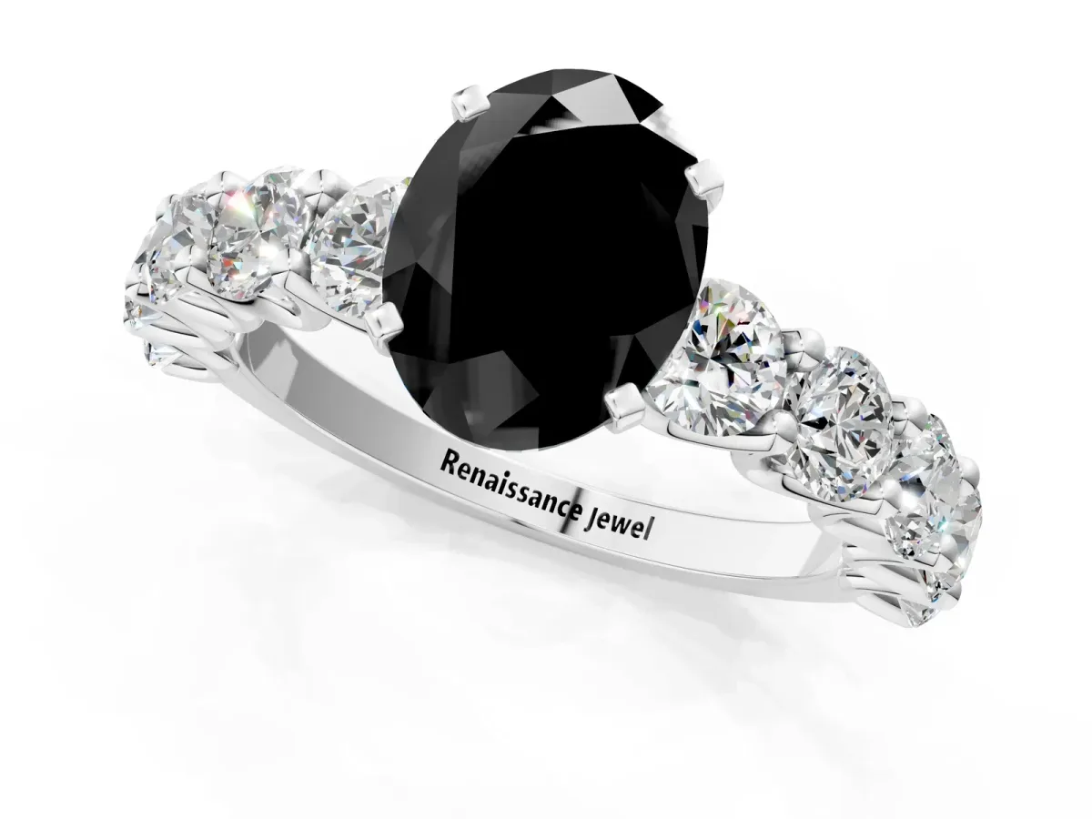 Fancy Black Oval Cut Diamond Prong Setting with Side Stones on a Pave Band Silver