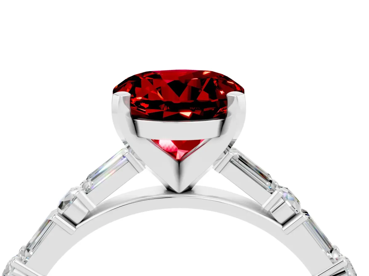 Round Cut Ruby Solitaire with Side Baguettes and Channel Set Band Platinum