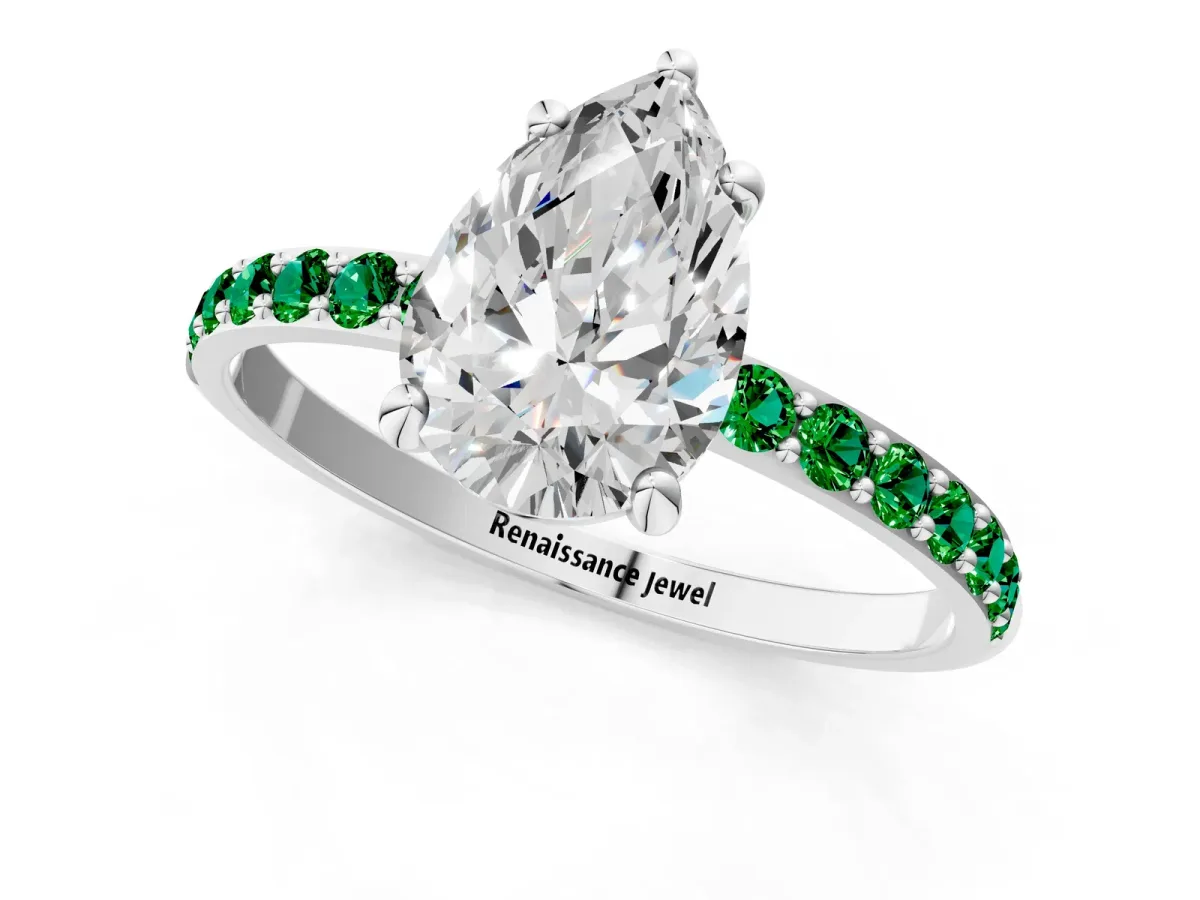Pear Cut Diamond Solitaire Ring with Round Emerald Pavé Band and Prong Setting Platinum