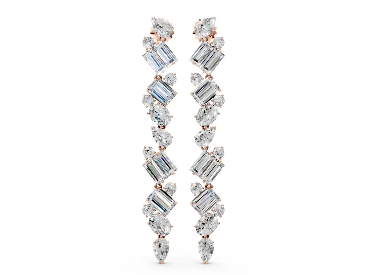 Pear, Emerald, and Round Diamond Linear Drop Earrings Rose gold