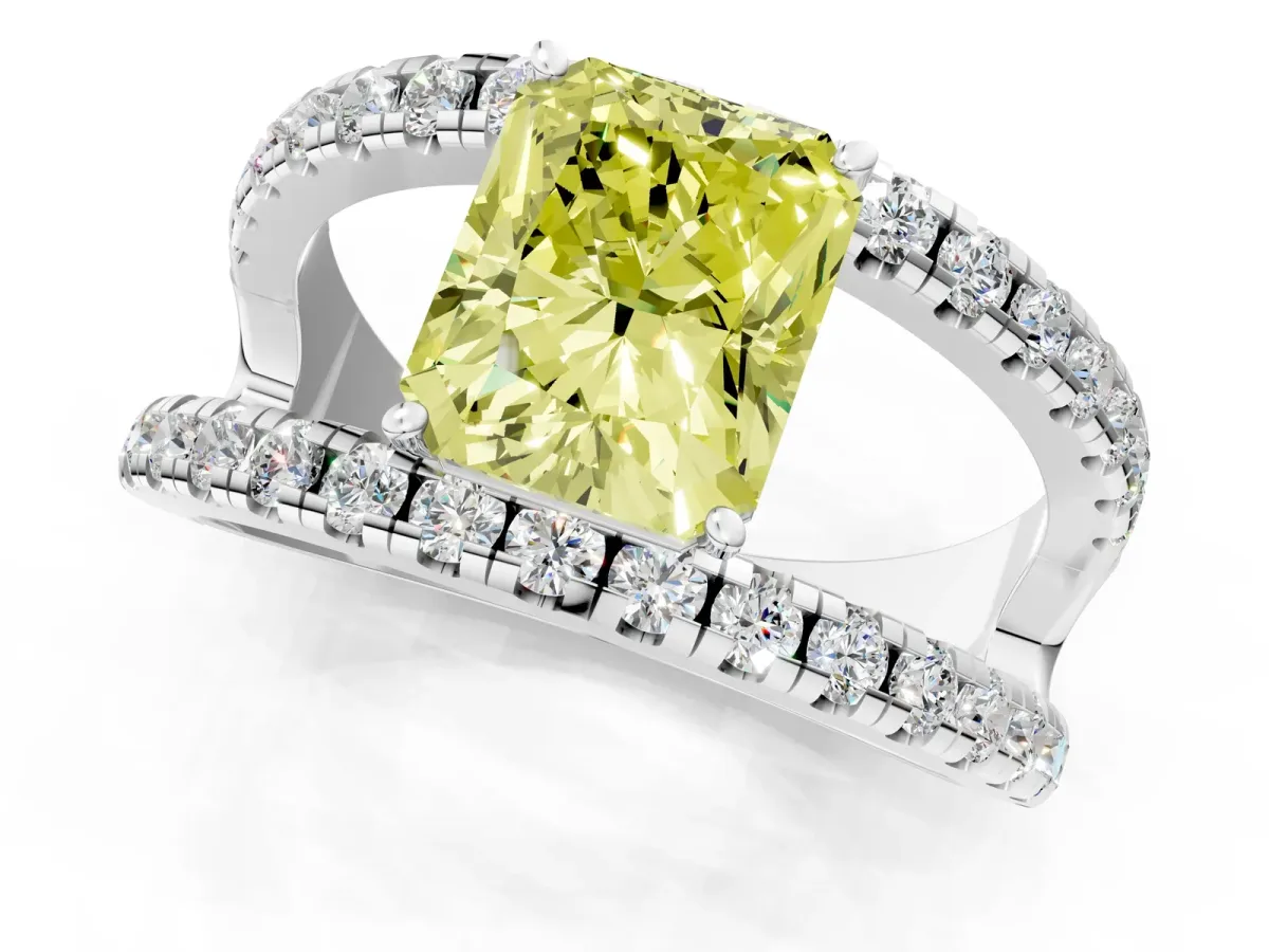 Fancy Yellow Radiant Cut Solitaire Split Shank Pave Diamond Ring Platinum