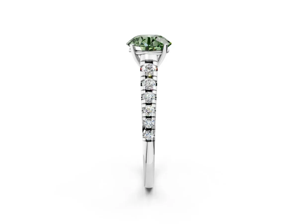 Fancy Green Round Cut Diamond Cathedral Solitaire Ring with Round Pavé Band Platinum
