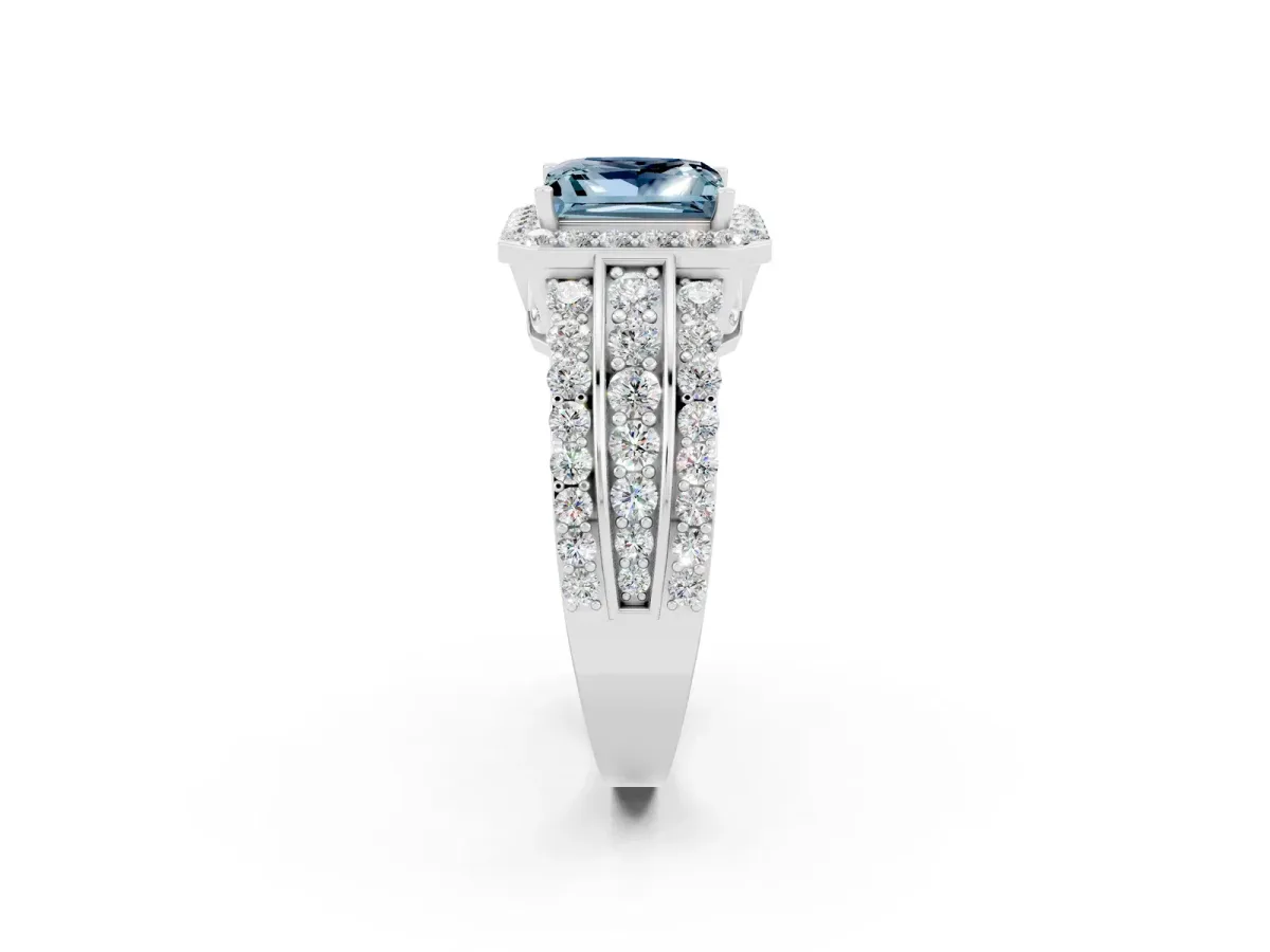 Princess Cut Halo Aquamarine Ring with Round Split Shank and Prong Setting Silver
