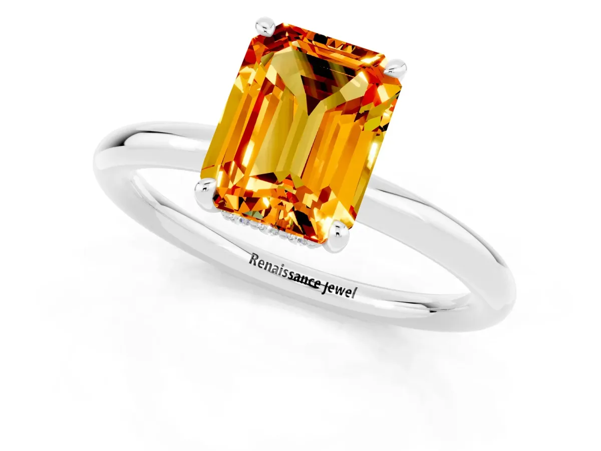Emerald Cut Citrine Solitaire Ring with Thin Band and Four-Prong Setting White gold