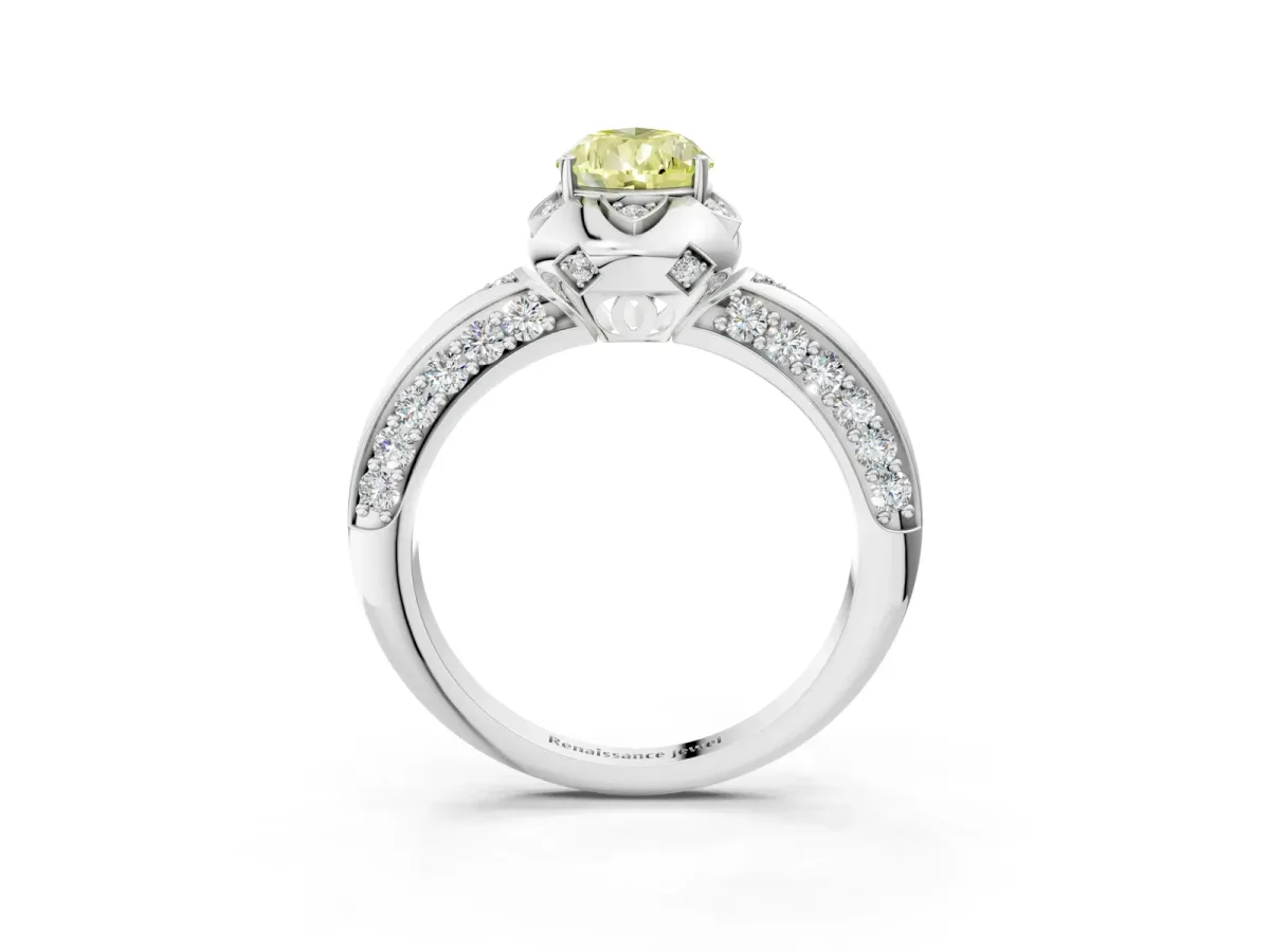 Fancy Yellow Pear Cut Halo Split Shank Pave Diamond Ring with Petal Prong Setting Platinum