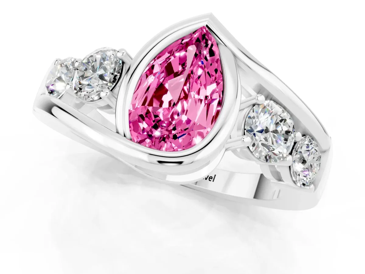 Bezel Set Pear Cut Pink Sapphire Bypass Ring with Round Accents Silver