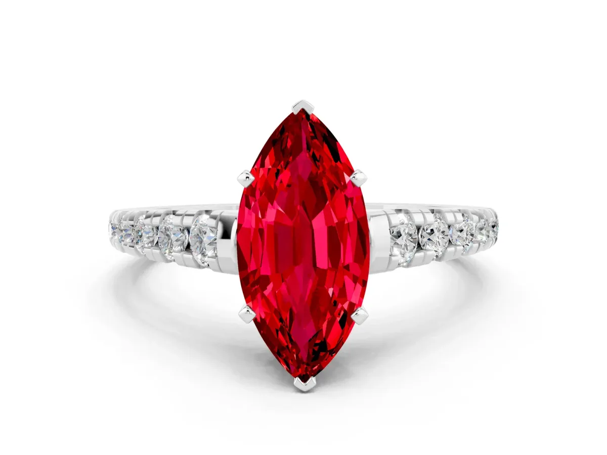 Marquise Cut Ruby Cathedral Solitaire Ring with Round Pavé Band Silver