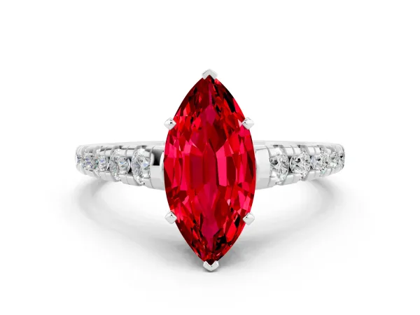 Marquise Cut Ruby Cathedral Solitaire Ring with Round Pavé Band White gold