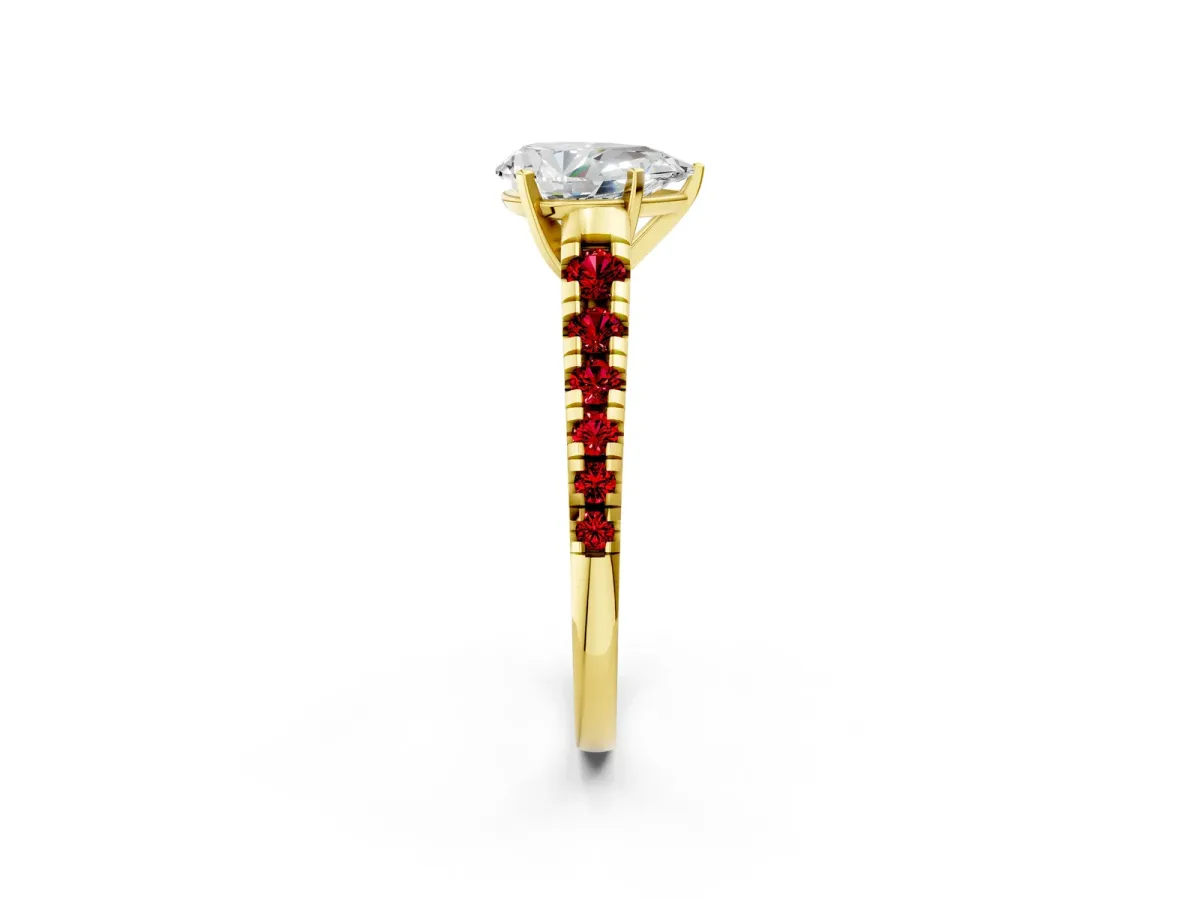 Pear Cut Diamond Cathedral Solitaire Ring with Round Ruby Pavé Band Yellow gold