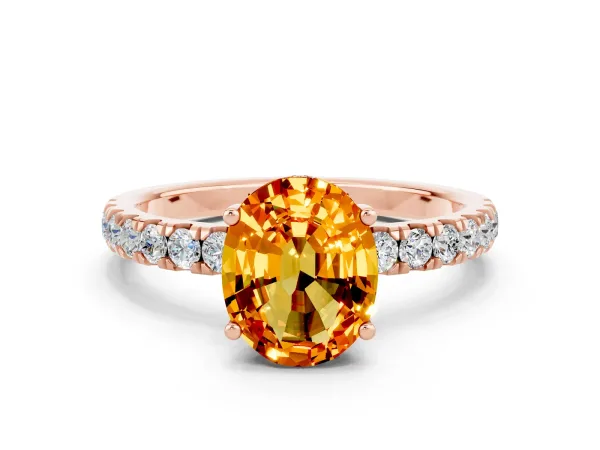 Oval Cut Citrine Pave Band Solitaire Ring with Round and Prong Setting Rose gold