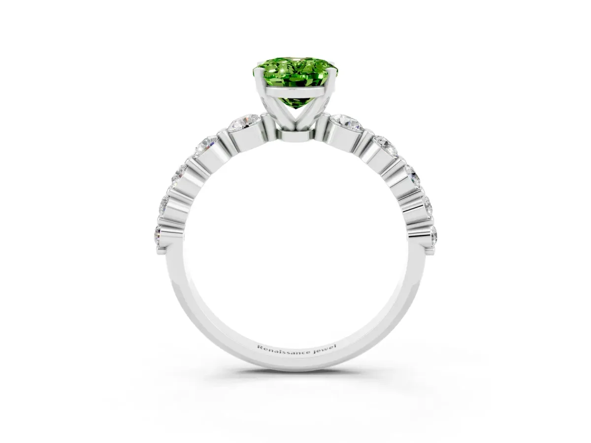 Oval Cut Solitaire Peridot Ring with Pave Band and Four-Prong Setting White gold