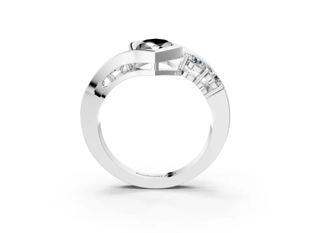 Fancy Black Bezel Set Marquise Cut Diamond Bypass Ring with Round Accents Silver