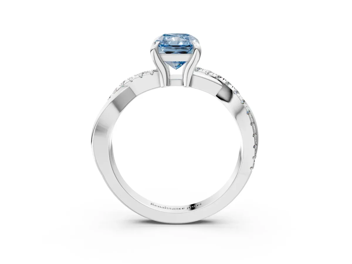 Fancy Blue Radiant Cut Cut Twist Band Solitaire Diamond Ring with Pavé Setting Platinum