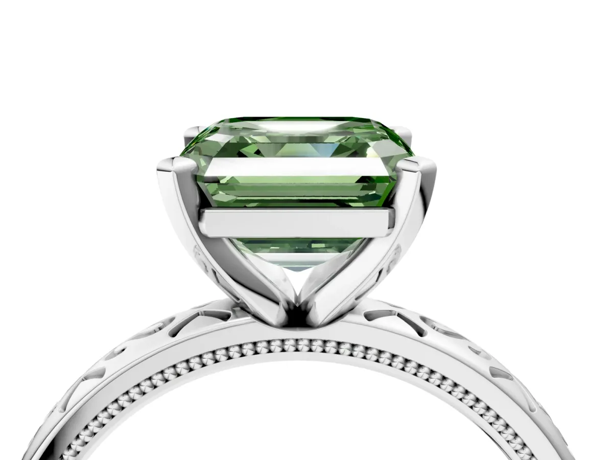 Fancy Green Asscher Cut Solitaire Engagement Ring with Scrollwork Band and Four-Prong Setting Platinum