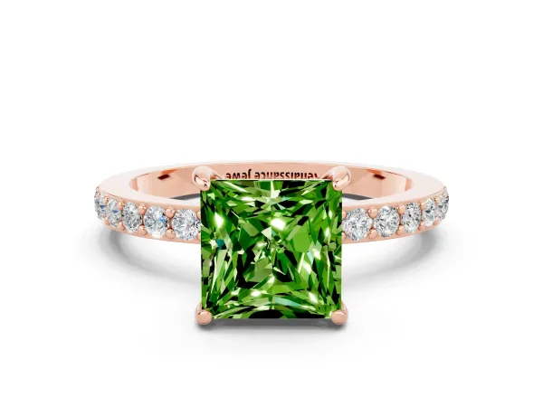 Princess Cut Peridot Solitaire Engagement Ring with Pavé Band and Four-Prong Setting Rose gold