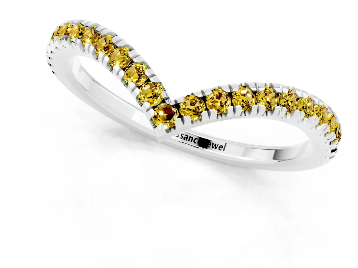 Pavé Round Yellow Sapphire V-Shaped Chevron Band with Shared Prong Setting Silver