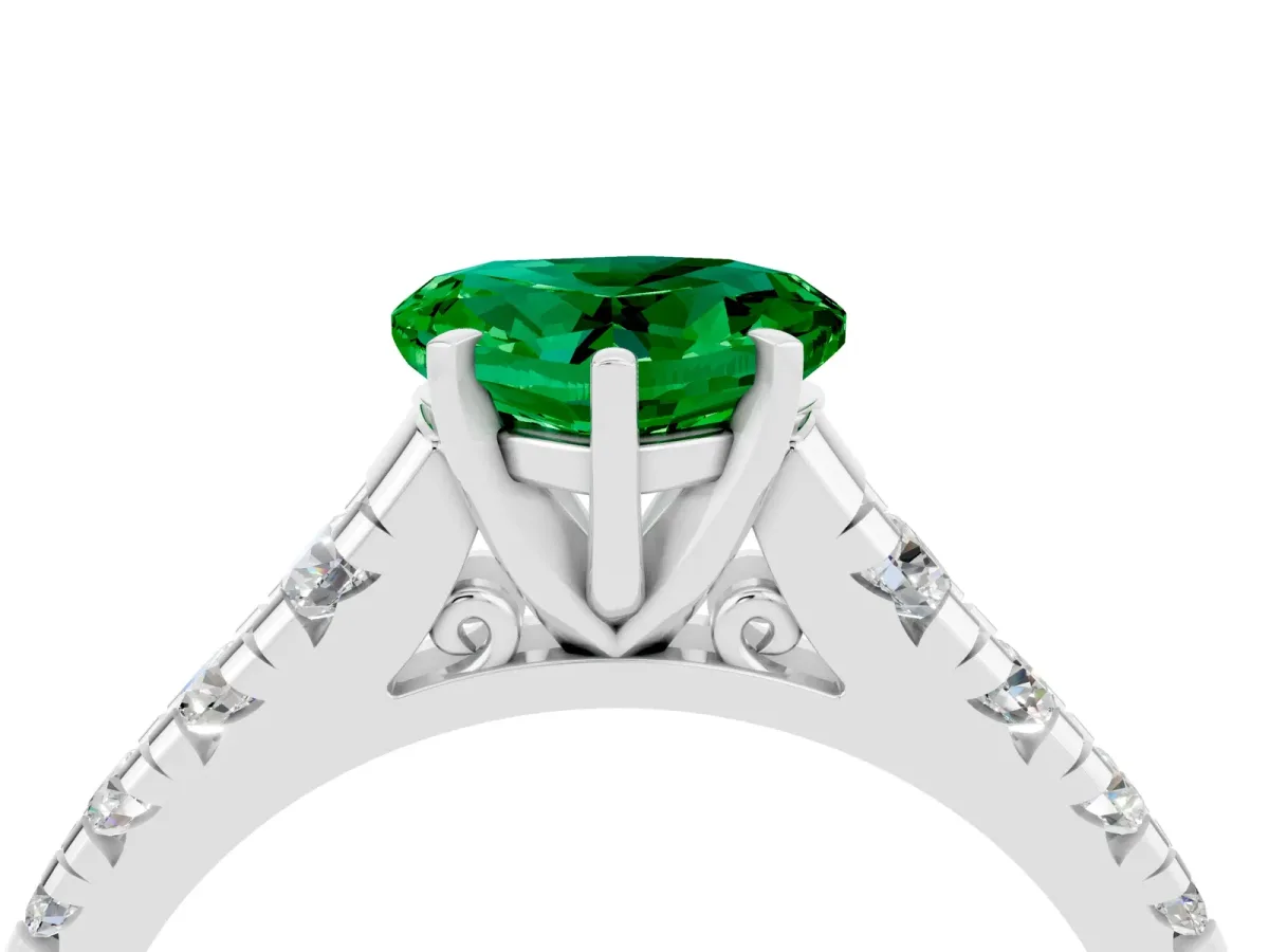 Heart Cut Emerald Cathedral Solitaire Ring with Round Pavé Band Silver