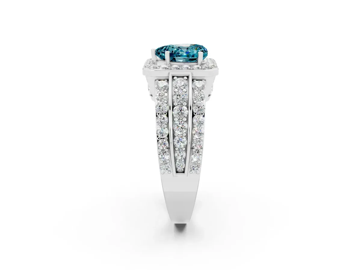 Heart Cut Halo Blue Topaz Ring with Round Split Shank and Prong Setting Silver